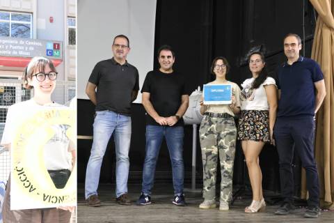 Composición con foto de la ganadora con su diseño durante la intervención en las tapas de registro y de la entrega del diploma.